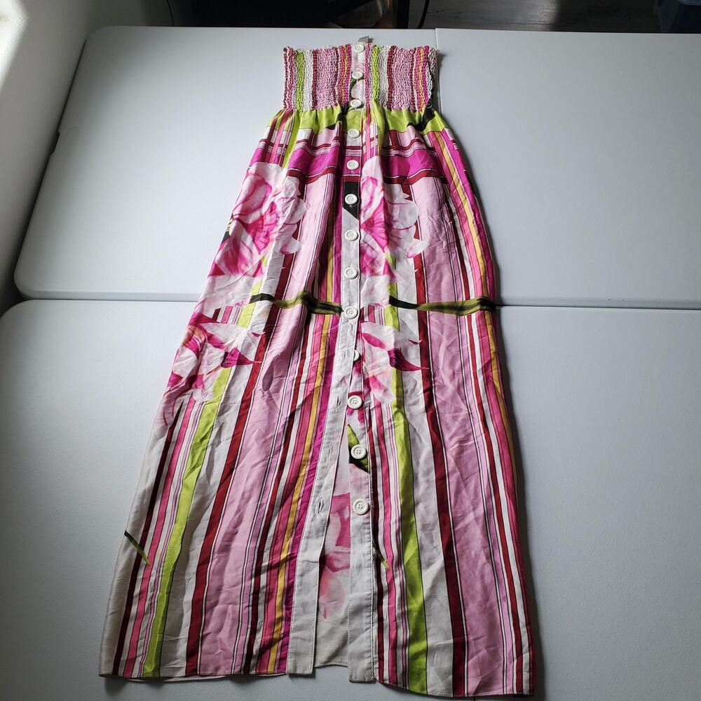 Y2K Cache Dress Womens XS Pink Silk Floral Strapless Button Front Maxi Event